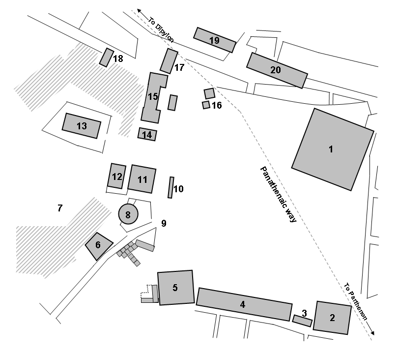 Plan showing major buildings and structures of the agora of Athens as it was in the 5th century BC