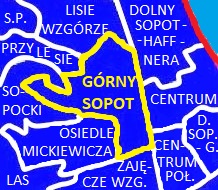Mapa dzielnic Sopotu sąsiadujących z Górnym Sopotem.