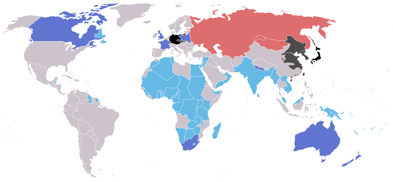 Alliances during WWII, September 1939. Dark Blue: Western Allies Countries; Light Blue: Western Allies Colonies; Pink: Eastern Allies; Black: Axis Countries; Dark Gray: Axis Colonies; Light Gray: Neutral