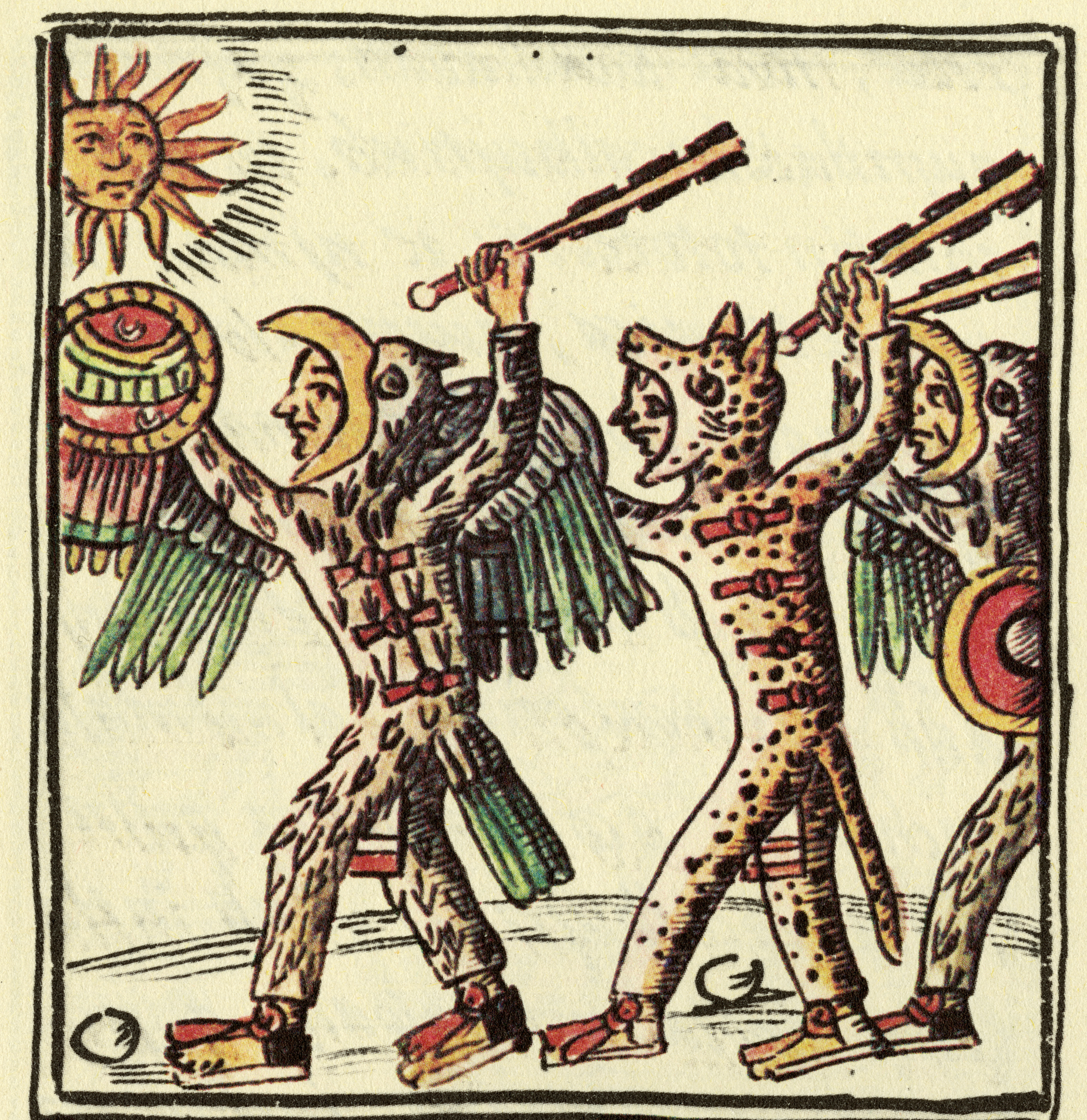 Aztec Warriors brandishing a macuahuitl--a wooden club with sharp obsidian blades