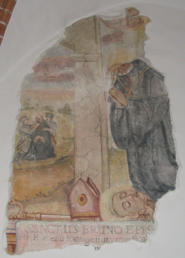 Bruno av Querfurt etter halshoggingen, freske fra klosteret Święty Krzyż (Det hellige kors) i Polen)