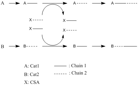 Reaction scheme for chain shuttling polymerization