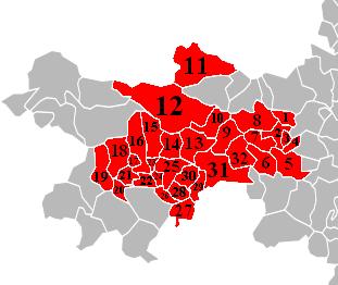 Carte des communes (colorés en rouge) où des agriculteurs pouvant cultiver l'oignon doux des Cévennes. Une numérotation, présente sur les emballages, permet d'identifier la provenance.