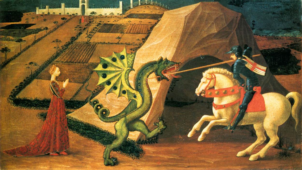 http://commons.wikimedia.org/wiki/File%3ASaint_George_and_the_Dragon_by_Paolo_Uccello_(Paris)_01.jpg