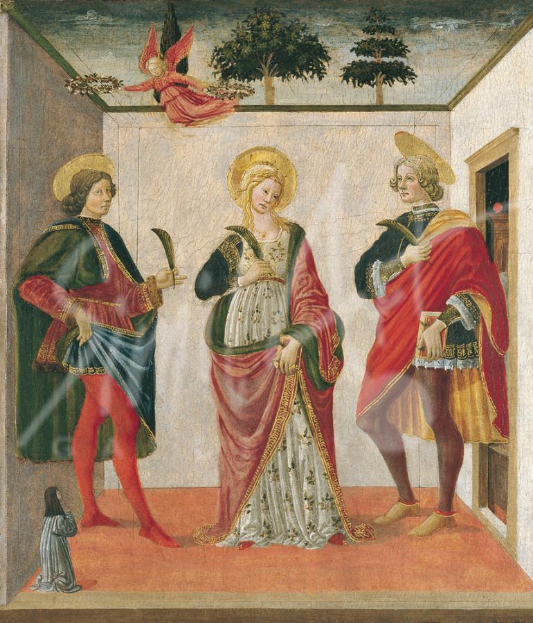 Francesco Botticini (1446-98): De hellige Cecilia, Valerian og Tiburtius