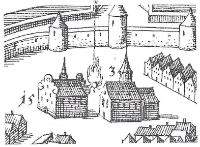 Ausschnitt Stadtplan von G. W. Kleinsträtl. Rechts Kilianskapelle (Nr. 3, erb. 1391) links Zeughaus (Nr. 15, erb. 1591). Während der schwedischen Belagerung 1647
