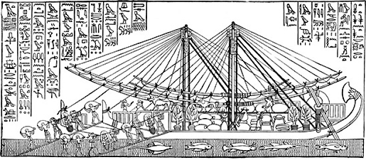 Vaixell egipci enviat per Hatxepsut carregant al País de Punt. Baix relleu del temple de Deir el-Bahari.