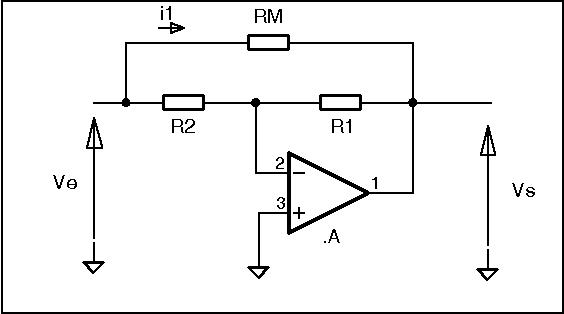 circuit électrique de tension d'entrée Ve et de tension de sortie Vs. La résistance de miller RM est montée en parallèle des résistance R2 et R1 montées en série. La borne moins d'un amplificateur opérationnel est reliée au circuit entre R2 et R1. La borne est reliée à la masse. La sortie de l'amplificateur opérationnel, de R1 et de RM sont reliées à la sortie du circuit.