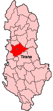 Mapa koja pokazuje distrikt Tirana u okviru Albanije