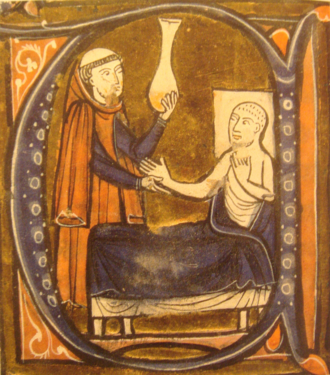 The European image of the Persian physician Al-Razi, holding vessel for urine collection.