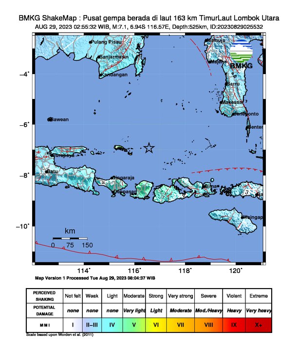 Peta Guncangan Gempa Bumi Laut Bali 2023 Dilansir oleh BMKG