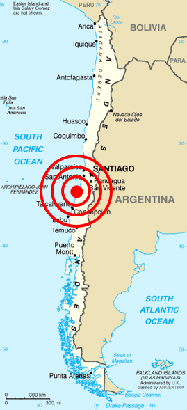 Map of Chile showing the epicenter of the February quake.