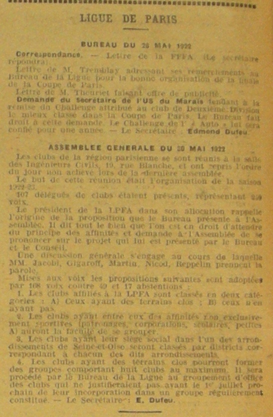Ligue de Paris - AG du 30 mai 1922