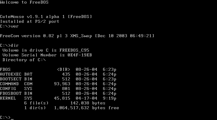 FreeDOS screenshot showing the command line interface, directory structure and version information.