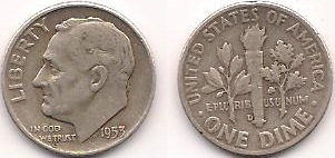 English: A Silver Roosevelt Dime from 1953.