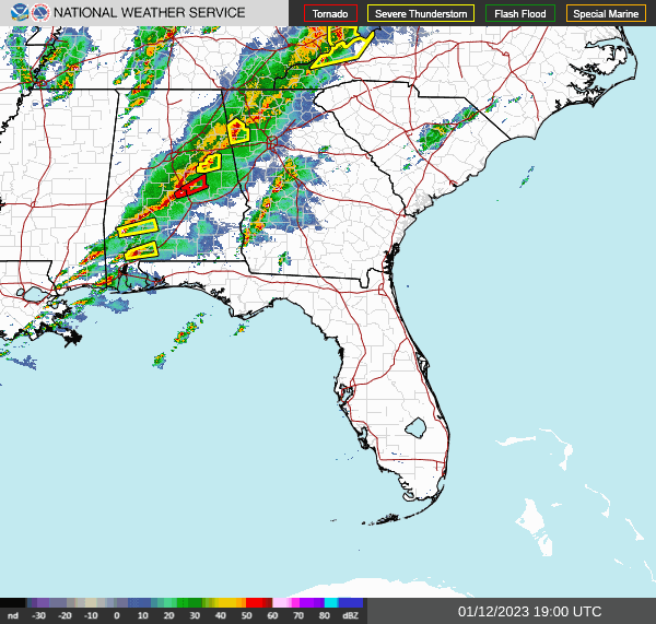 Radar loop of a QLCS and supercells along with severe warnings in Southeastern United States during the afternoon of January 12, 2023.