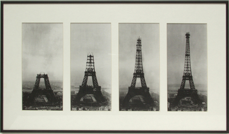 Vier Bilder des Eiffelturms in unterschiedlichen Bauphasen