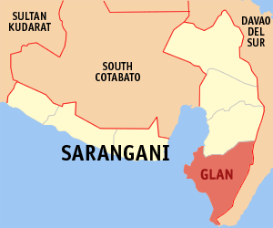 Mapa sa Sarangani nga nagpakita kon asa nahimutang ang Glan