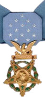 A light blue neck ribbon with a gold star shaped medallion hanging from it. The ribbon is similar in shape to a bowtie with 13 white stars in the center of the ribbon.