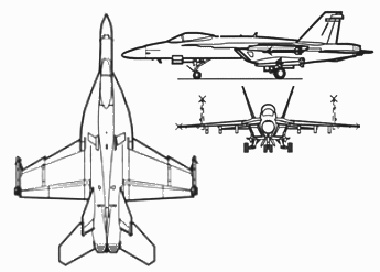 Three view projection of the Super Hornet