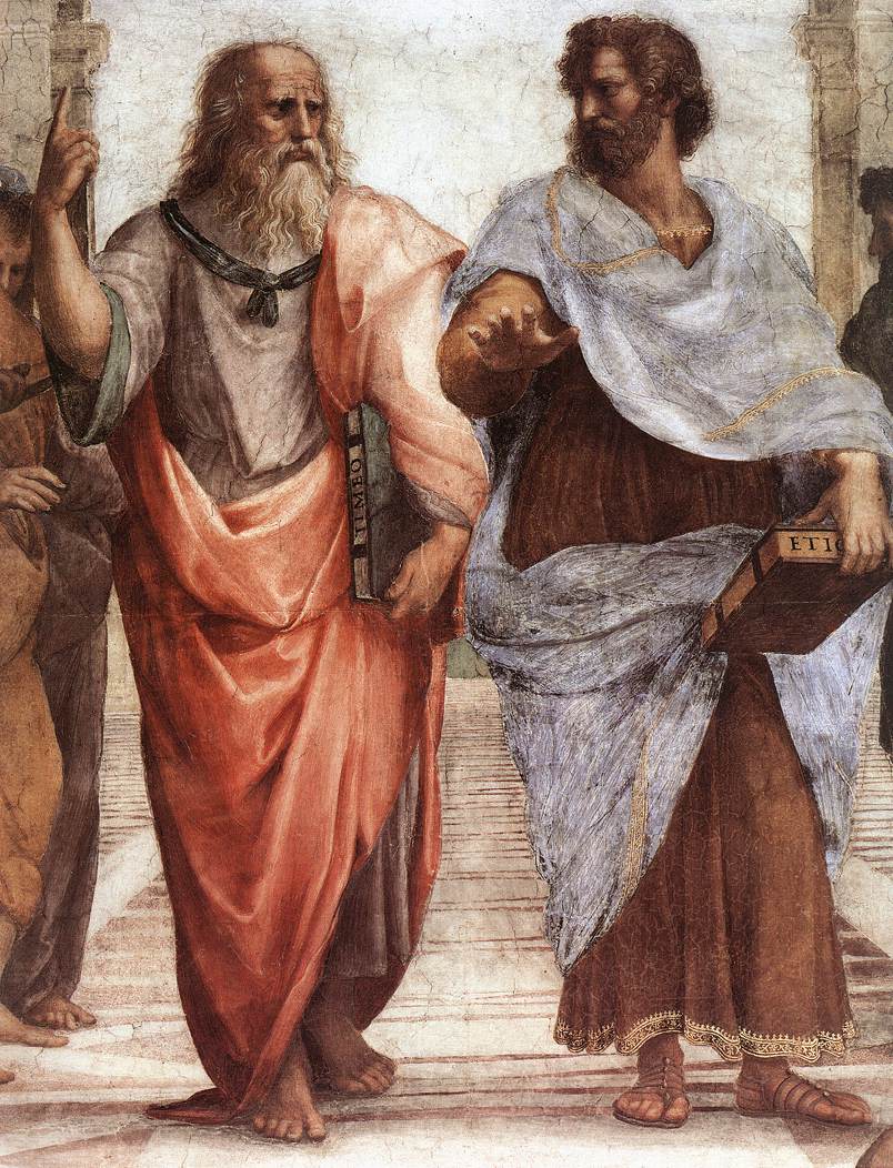 O Πλάτωνας (αριστερά) και ο Αριστοτέλης (δεξιά), λεπτομέρεια της Σχολής των Αθηνών του Ραφαήλ. Η χειρονομία του Αριστοτέλη προς τη γη αντιπροσωπεύει την αντίληψή του σχετικά με την απόκτηση της γνώσης μέσω της εμπειρικής παρατήρησης και των αισθήσεων. Στον αντίποδα ο Πλάτωνας δείχνει προς τον ουρανό, στον οποίο εδράζονται σύμφωνα με τον ίδιο οι Ιδέες.