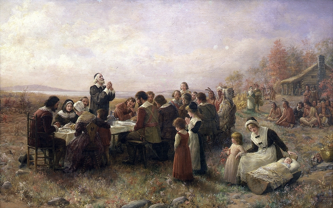 English: "The First Thanksgiving at Plymo...