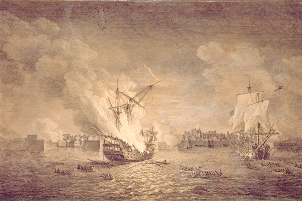 File:British burning warship Prudent and capturing Bienfaisant. Siege of Louisbourg 1758. Maritime Museum of the Atlantic, M55.7.1.jpg