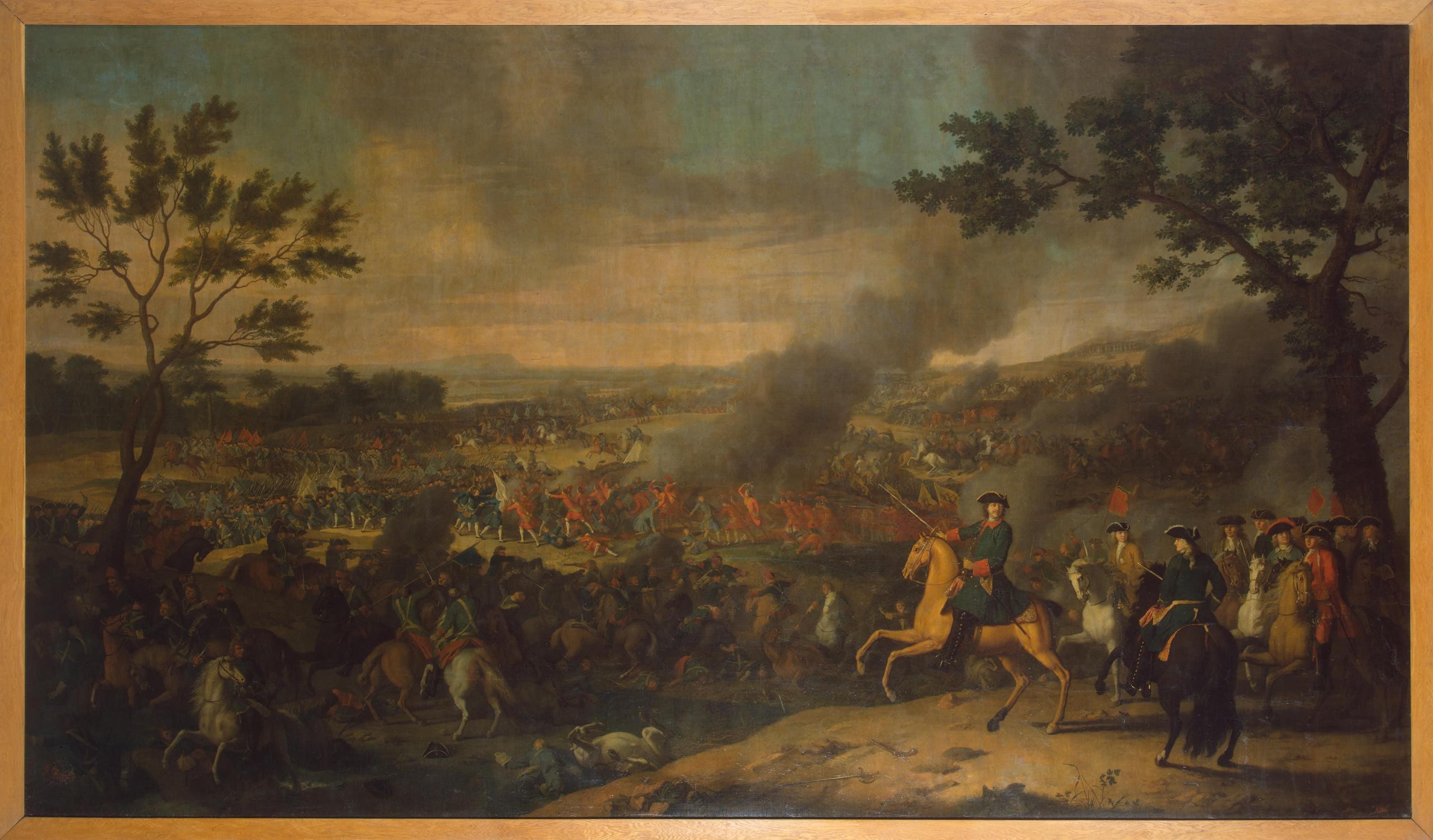 Battle of Poltava in 1709. Tsar Peter I of Russia is shown on a horse.