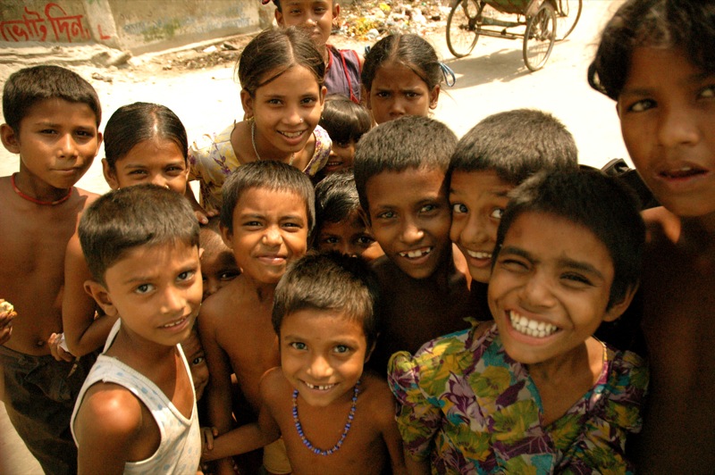 Crowd of smiling children in Bangladesh