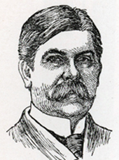 Black and white engraving, from the collar up, of a middle-aged man with a moustache and black hair