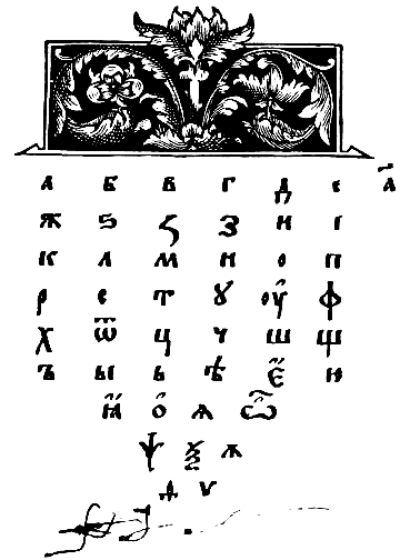 A page from Azbuka, the first Russian textbook, printed by Ivan Fyodorov in 1574, features the Cyrillic script.