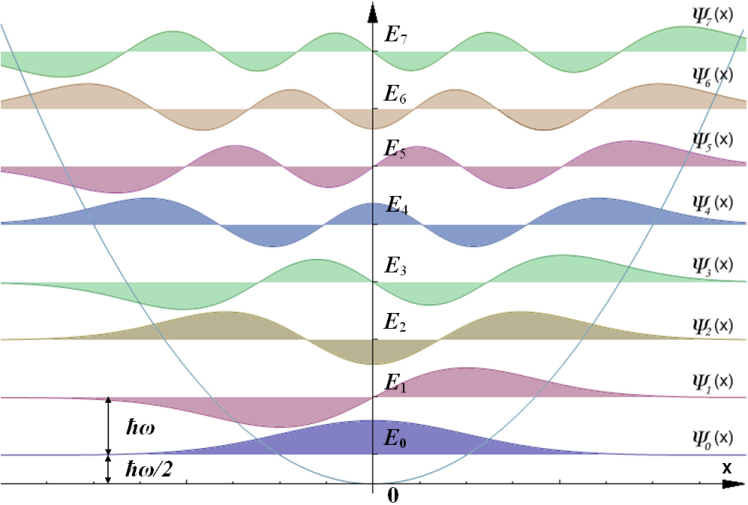 Harmonic Oscillator potential and first 8 wave functions