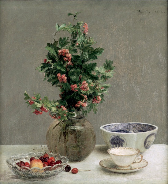 Still Life with Vase of Hawthorn, Bowl of Cherries, Japanese Bowl, and Cup and Saucer