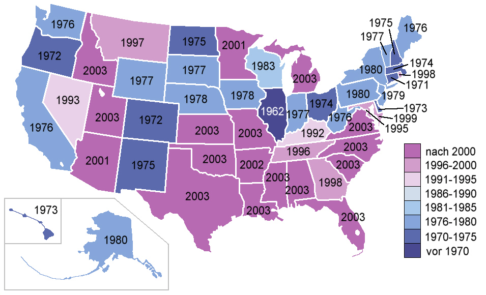 Map of the United States, with years when the sodomy laws of each state were 