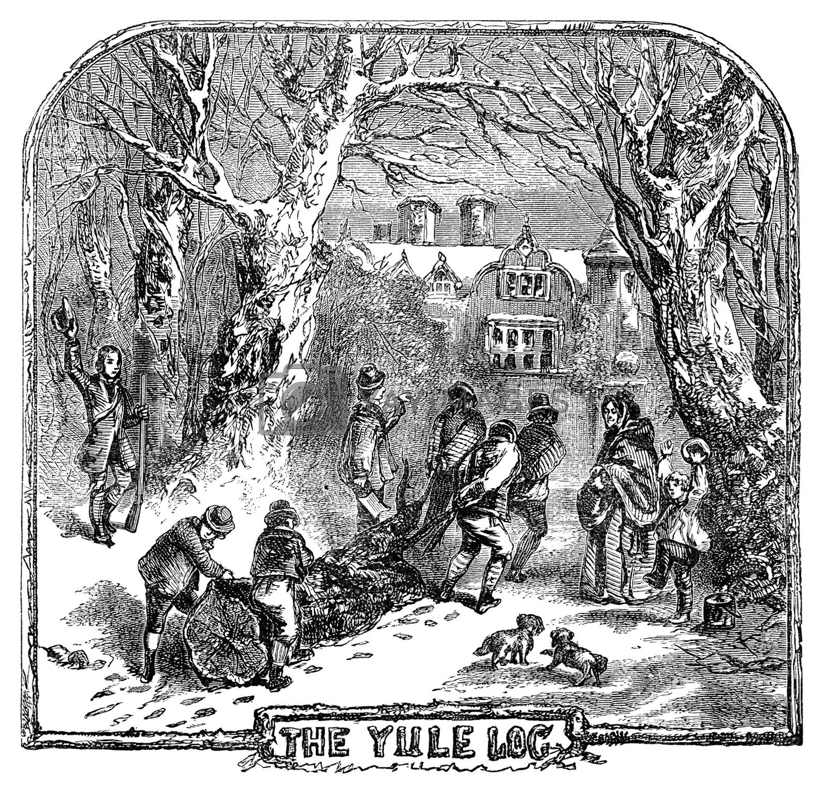 hauling of the yule log, from The Book of Days (1832), p. 734, by Robert Chambers, public domain