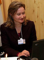 MacKinnon blogging at the World Economic Forum in Davos, Switzerland in January 2005 Rebecca MacKinnon (January 27 2005).jpg