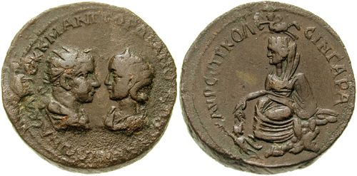 Tyché au revers d'une pièce de monnaie de Gordien III.