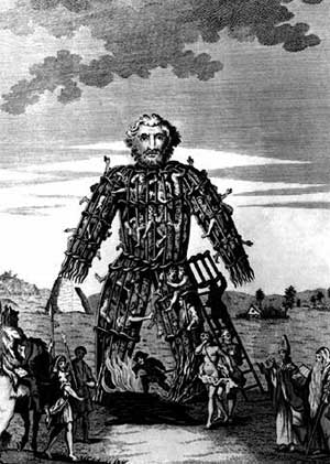 An 18th century engraving of a Celtic wicker man.