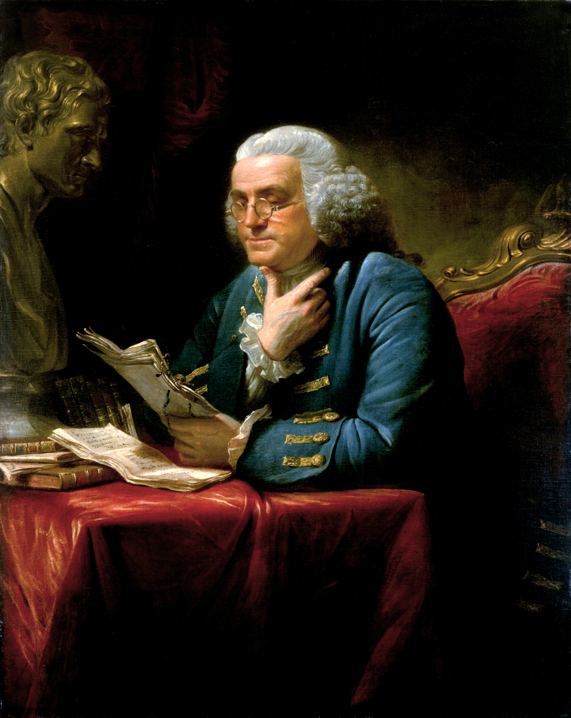 Portrait of Benjamin Franklin by David Martin brushes (in English), 1767, kept in the White House, Washington.