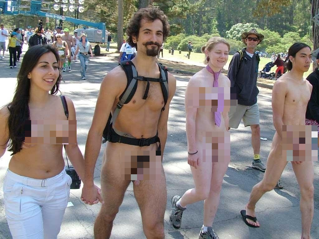 Nude male with girls on street