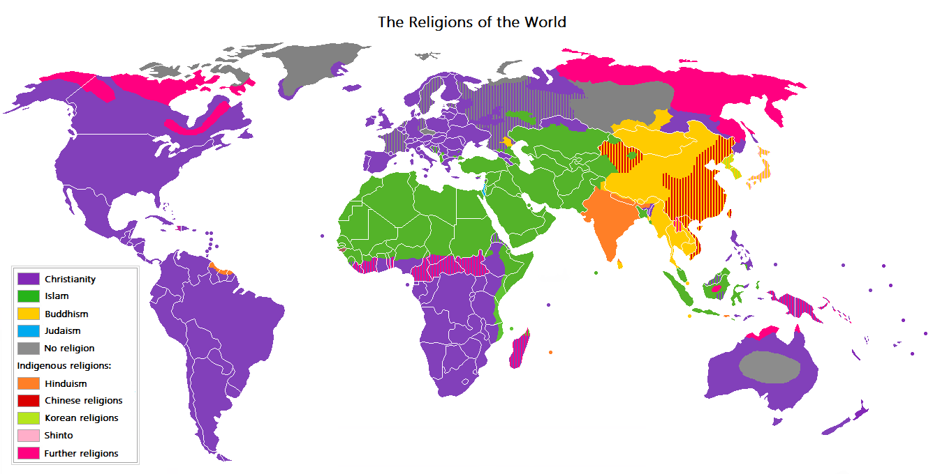 A map of the world, showing the major religion...