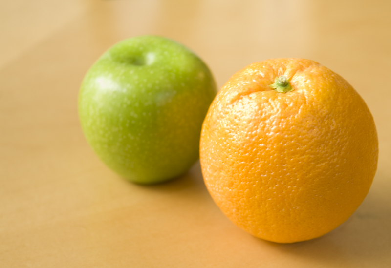 Apples and Oranges, http://upload.wikimedia.org/wikipedia/commons/a/a8/Apple_and_Orange_-_they_do_not_compare.jpg