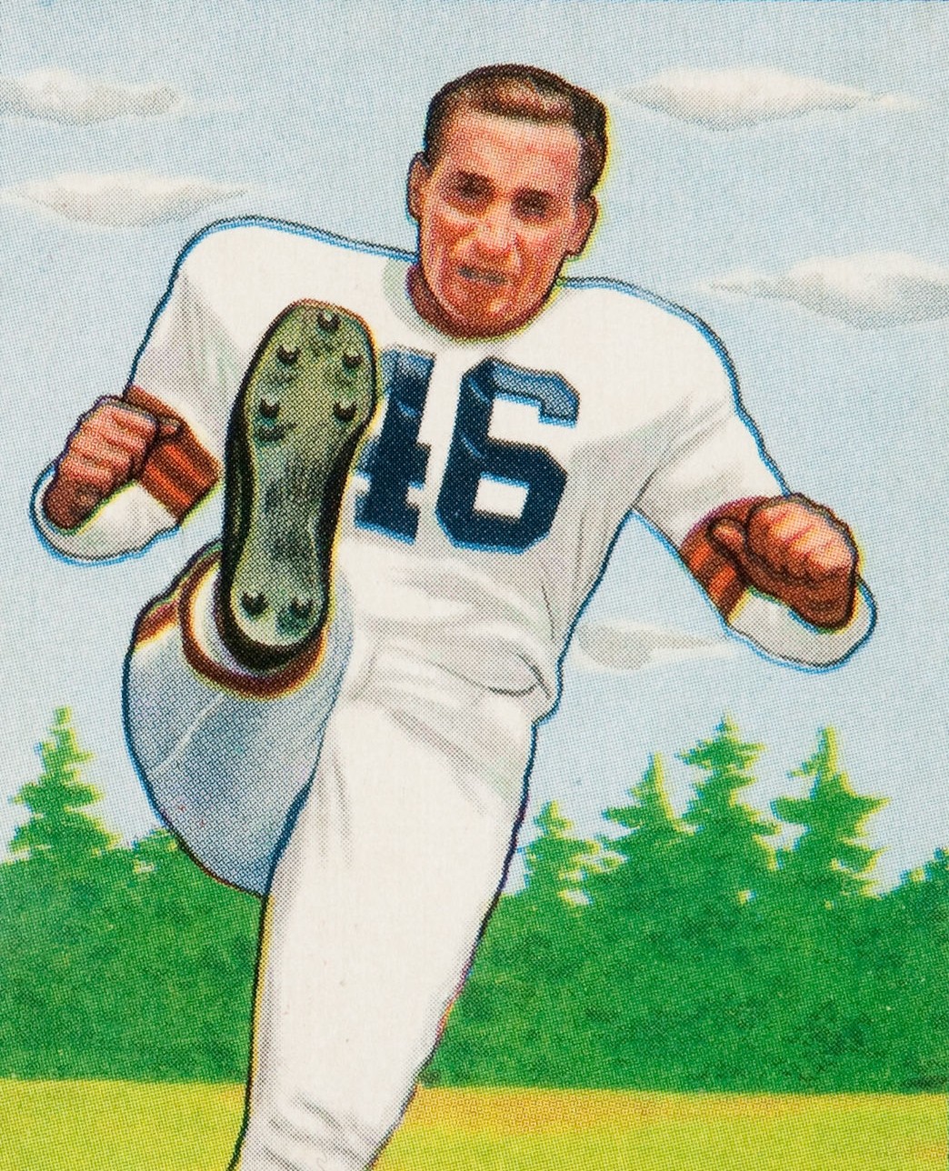 Lou Groza pictured kicking on a 1950 Bowman football card