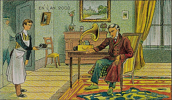 Gramophone listener in a fictionalized view of the year 2000