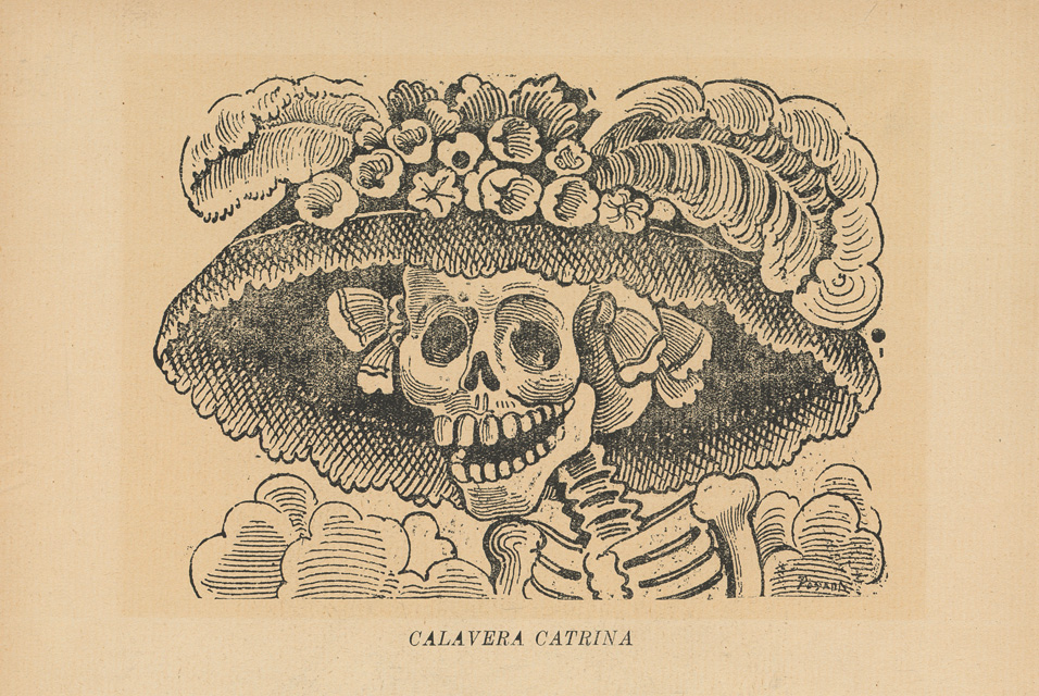 Calavera Catrina, A Skeleton Wearing a Fancy Hat with Feathers and Flowers on it