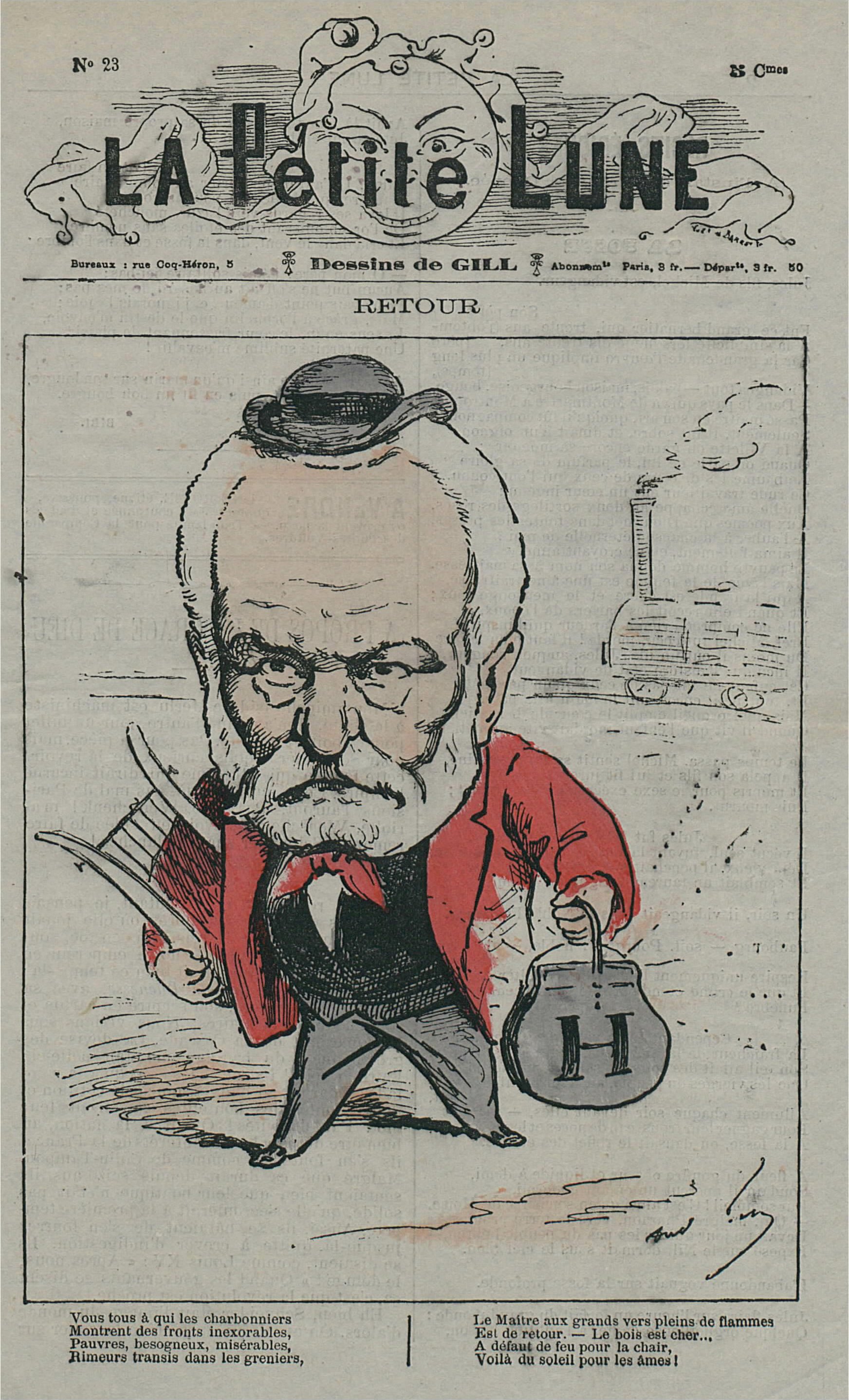 Caricature by Andre Gill, touting the elderly Hugo as France's "symbol of political courage". (1878)