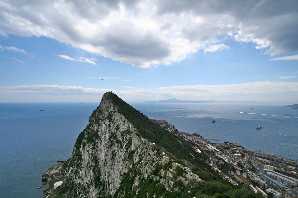 The Rock of Gibraltar with the mountain Jebel Musa, Morocco visible in the background