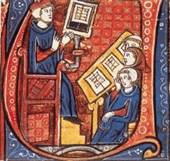 Class in a medieval university, illuminated ma...
