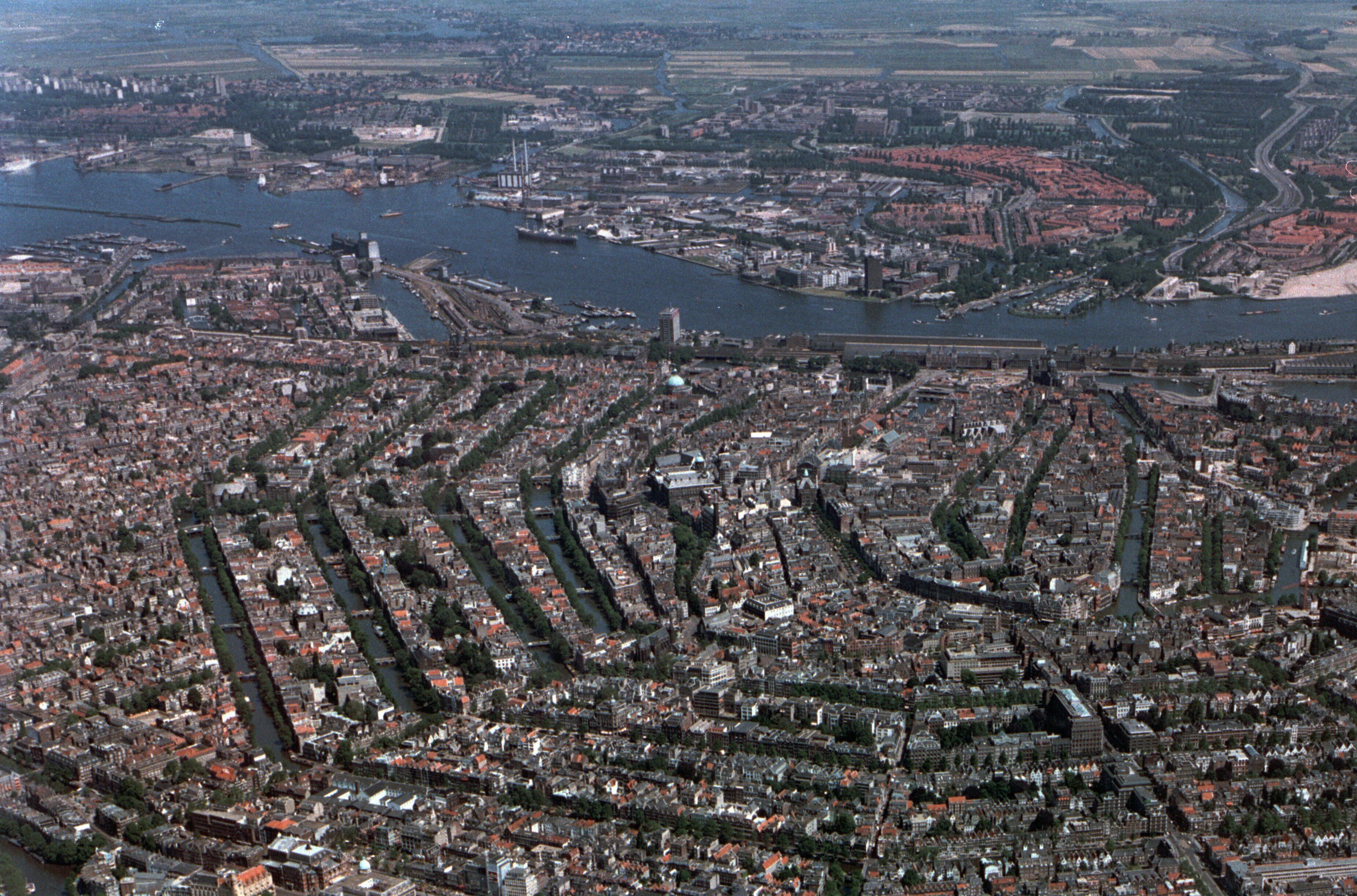 An aerial photograph of the canals of Amsterdam
