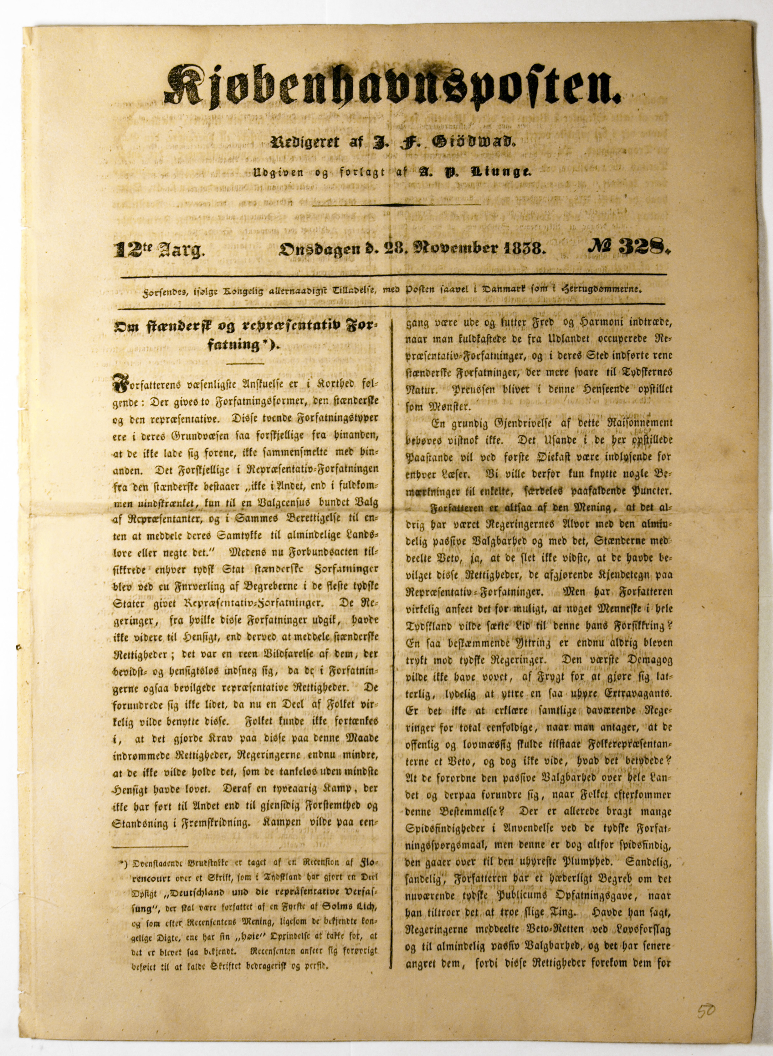 Scan of the front page of an 1838 Danish newspaper